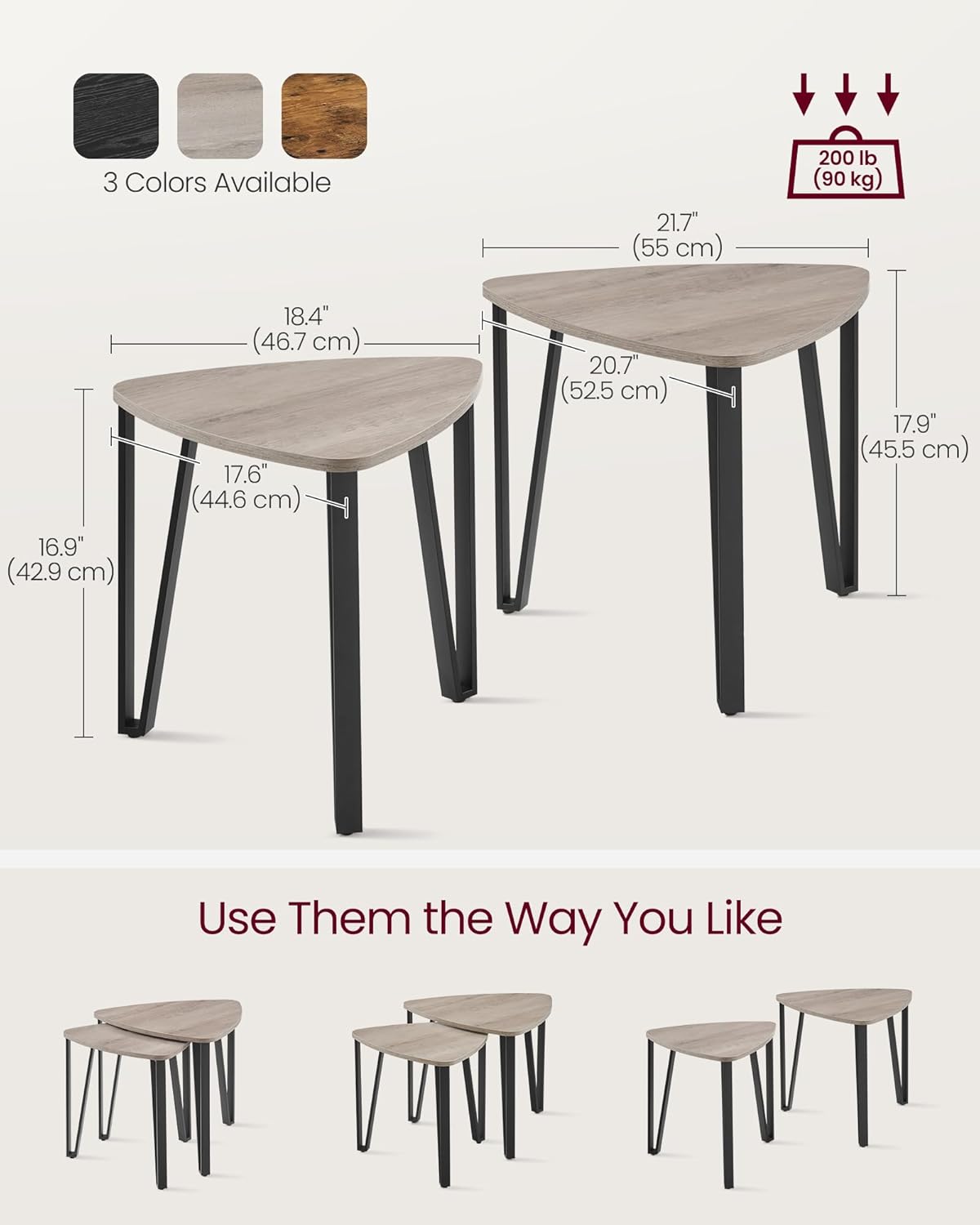 VASAGLE Nesting Coffee Tables, End Tables Set of 2 for Living Room Bedroom, Industrial Small Stacking Side Tables with Metal Frame for Couch, Heather Greige and Black ULET013B02