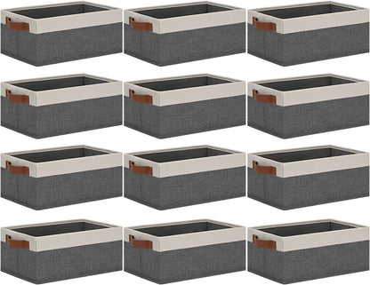 GhvyenntteS Small Fabric Storage Bins 12 Pack, Storage Basket with Leather Handles, Closet Storage Bins for Shelves, Storage Baskets for Shelves, Home, Office (Grey/White, 11.8" x 7.87" x 5.11")