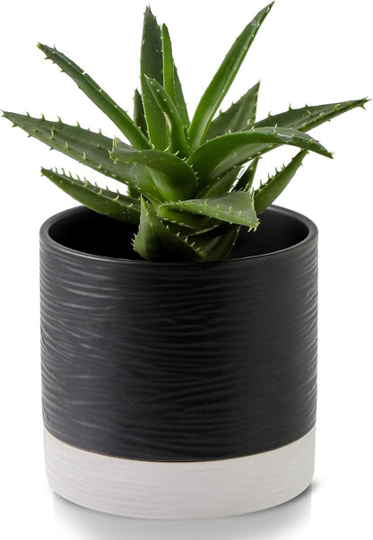 Nihow Ceramic Plant Pot: 6 Inch Planter with Drainage Hole & Saucer for Indoor & Outdoor Plants - Cylinder Round Flower Pot for Succulent/Herbs/Violets - Black & White