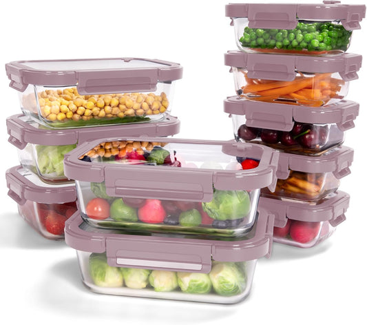 10-Pack Glass Food Storage Containers with Tempered Lids – Borosilicate, Airtight, Oven-Safe (-4°F~950°F), BPA-Free, 4.4 & 1.6 Cup, Leak-Proof, Dishwasher Safe (Pink)