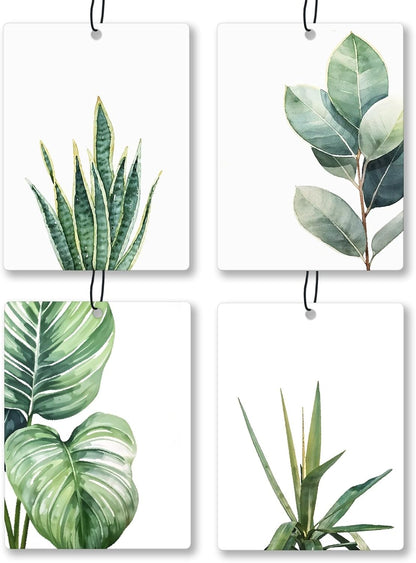 Tropical Leafy Botanical Car Air Freshener 4 Pcs, Green Eucalyptus Monstera Leaf Plant Hanging Scents Air Freshener for Women Men Gifts, Rustic Scented Car Accessories Decor for Room Closet