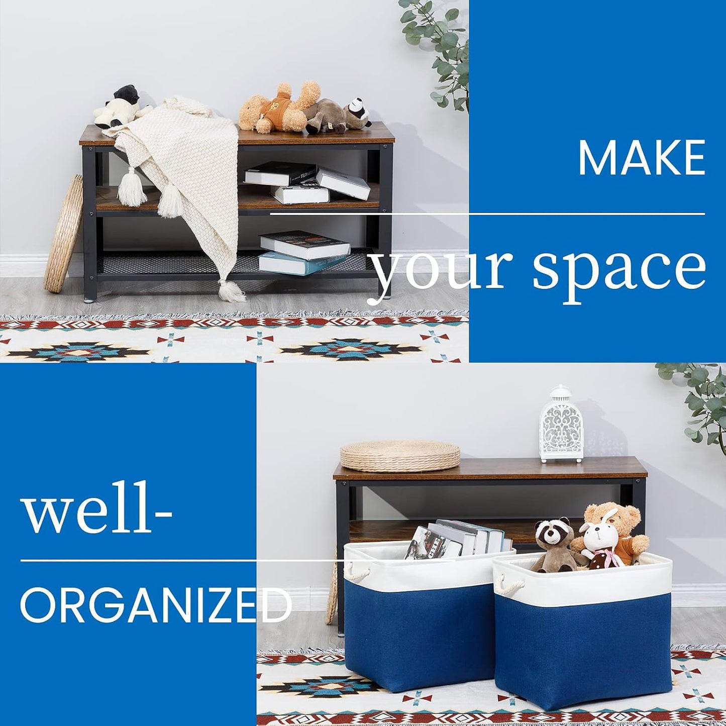 Bidtakay Large Canvas Organization Bins Set of 2 Navy Blue Rectangular Baskets 17x12x15 in for Blankets, Clothes, Towels, Dog Toys Storage