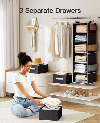 Pipishell Hanging Closet Organizer 6-Shelf, Hanging Shelves for Closet with 3 Removable Drawers & Side Pockets, Hanging Shelf Organizer for Bedroom or Garment Rack, 12'' x 12'' x 43.3'', Black