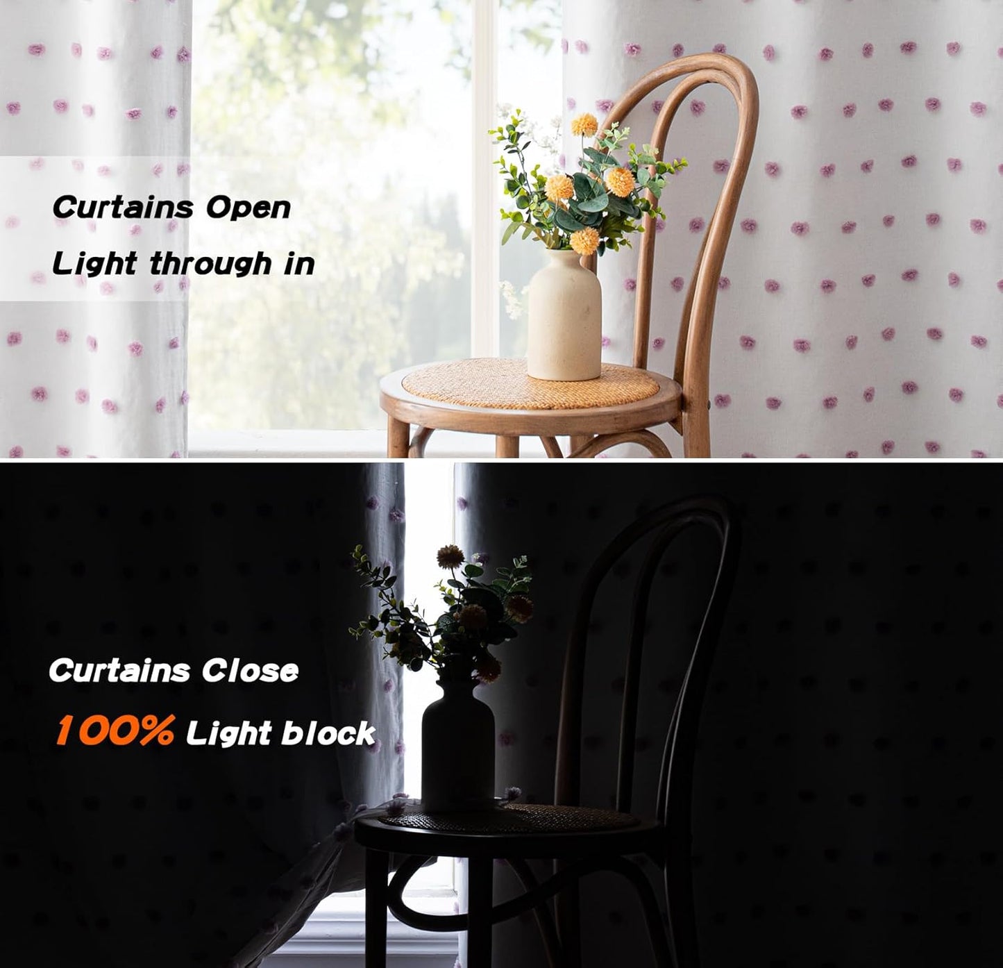 MYSKY HOME 100% Blackout Curtains for Girls Bedroom 54 Inch Long Purple Pom Pom Full Blackout Curtains for Kids Room 2 Panels Room Darkening Small Window Treatment Grommet 2 Layered Drapes 52"W x 54"L