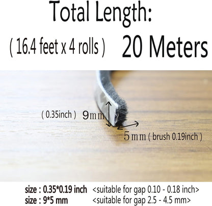 Window Weather Stripping Brush for Sliding Door Frame, Pile Self Adhesive Weather Strip Seal Strip Sealer Soundproofing (65ft x11/32 Backing x 3/16 Brush inch, Black)