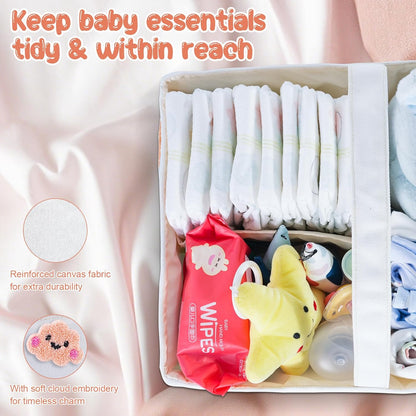 Baby Diaper Caddy Organizer with Handle - Durable Canvas Storage Basket with Cloud Embroidery, Portable Nursery Organizer for Newborn Essentials, Diaper Travel Bag, Baby Shower Basket-Pink
