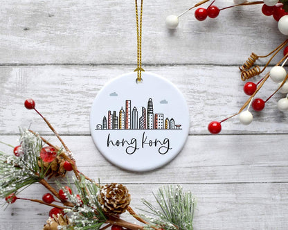 Andaz Press Round Ceramic Porcelain Christmas Tree Ornament Keepsake Gift, Hong Kong, Colorful International City Skyline Graphic, 1-Pack, Birthday Family Coworker Him Her, Gift Box