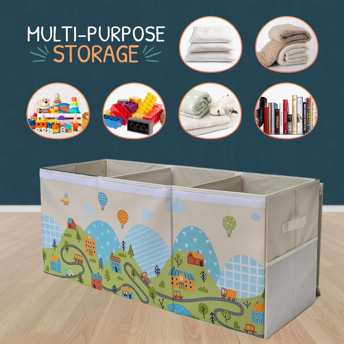 Extra Large Toy Storage Organizer with Lid - Sturdy, Collapsible Toy Chest Storage Box with Cute Design - Toys Bin with Dividers for Kids, Boys, Girls, Nursery, Bedroom, Play room 37"x16"x14"