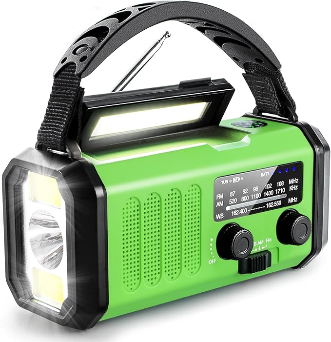 Emergency Hand Crank Radio with 10000mAh/37000mWh Battery Backup, AM FM NOAA Weather Radio, Type-C Charge,Solar Radio,SOS, 3 Modes LED Flashlight，Reading Lamp, Compass for Outdoor Survival