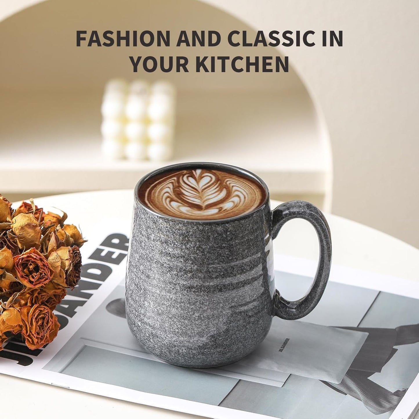 Hasense Dark Grey Coffee Mugs Set of 4, 12oz Ceramic Coffee Cups, Latte Mug with Large Handle for Coffee, Tea, Milk and Hot Cocoa,Easy Hold & Clean, Dishwasher & Microwave Safe