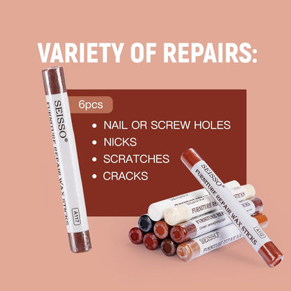 SEISSO Wood Filler Sticks- 6 Pcs, Furniture Repair Wax Crayons, Furniture Marking Repair - Scratch, Cracks, Hole, Table, Wood Floor, Guitar - Heartwood Cherry/Red Brown/Nutmeg