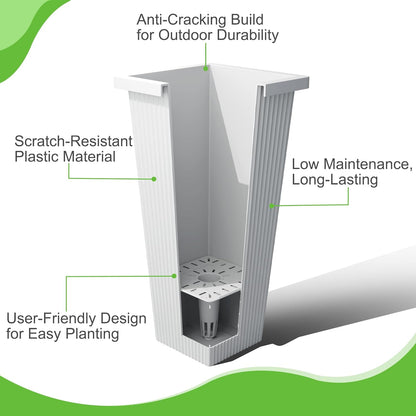 FENCY Set of 2 Tall Planters for Outdoor Plants, 24 Inch Large Tapered Pots with Drainage Trays, Weather-Resistant Plastic Plant Containers for Patio, Porch, Garden, Front Door Decor,White, Striped