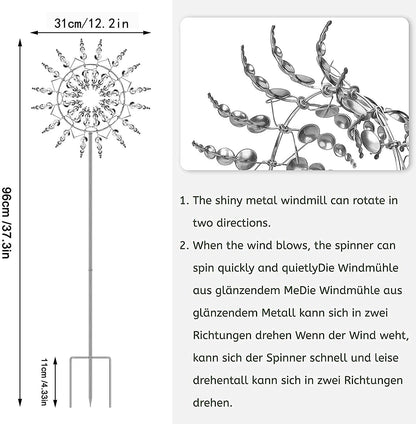 Unique and Magical Metal Windmill, 3D Wind Powered Kinetic Sculpture, Metal Wind Spinner Solar, Wind Spinners for Yard and Garden, Wind Catchers Metal Outdoor Patio Decoration (2 PCS -Silver)