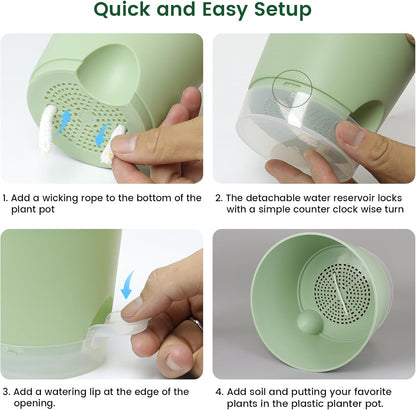 6 inch Self Watering Pots for Indoor Outdoor Plants, 3 Pack Flower Plant Pots with Drainage Holes and Clear Reservoirs, Visible Water Level, Plastic Planters with Wicking Rope, Green