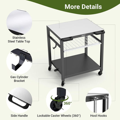 NUUK Outdoor Grill Cart 30"x 24" Pizza Oven Table 3-Shelf with Drawer BBQ Grilling Carts Outside Serving Prep Tables Stand
