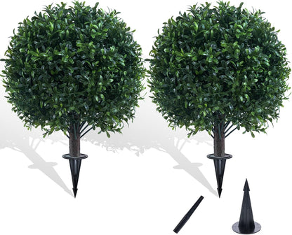 Artificial Boxwood Topiary Ball Bush for Outdoor with Spike, UV Resistant Faux Boxwood Ball Tree with Stake for Outside Set of 2, Weatherproof Round Fake Shrubs for Entryway Front Porch
