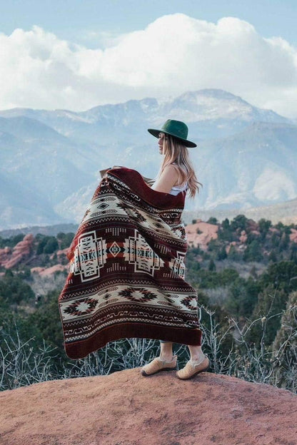 Inca Aztec Throw, Queen, King Blanket | Southwest Indian Navajo Boho Style | Native Cover for Camping, Bedding, Couch, Vanlife | Faux Alpaca, Lightweight, Hypoallergenic (Vinincunca Maroon, Throw)