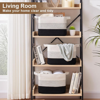 Storage Basket for Organizing, Woven Baskets for Storage, Rectangle Decorative Baskets for Shleves, Closet, Toys, Books, Nursery Organizer Bins - Pack of 3 (Gradient Black)