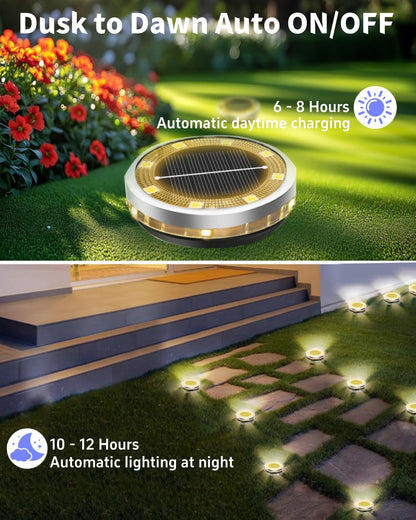 Solar Ground Lights Outdoor 2 Pack Waterproof, Upgraded Solar Garden Lights with 4 Side Light, Stainless Steel Solar Powered Disc Landscape Light for Walkway Pathway Lawn Yard Patio Deck-Warm White