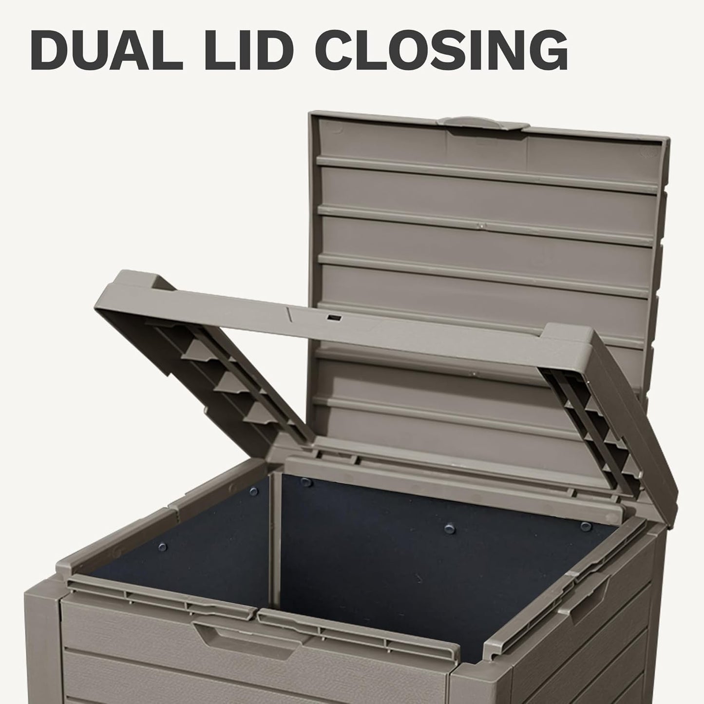 DWVO 38 Gallon Large Outdoor Trash Can, Waterproof Resin Hideaway Garbage Bin with Lid and Drip Tray, Outside Trash Bin for Porch, Backyard, Deck, Patio, Poolside, Easy to Clean, Taupe