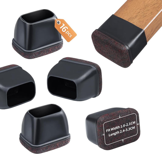 Ezprotekt 16 Pcs Rectangle Black Felt Chair Leg Floor Protectors for Hardwood Floors, Rectangle Silicone Felt Furniture Pads Caps, Table Leg Covers Cups Anti- Scratches (Fit W:0.6-0.8", L:0.9-1.3")