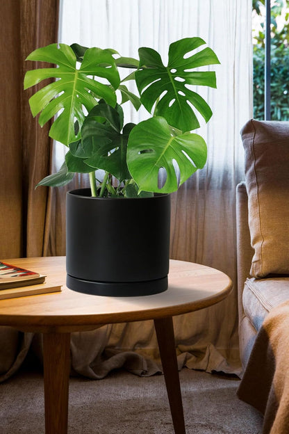 Aveyas 8 inch Ceramic Plant Pot with Drainage Hole and Saucer - Suitable for Indoor and Outdoor Use, Modern Planters for House Garden Flower Tree Snake Monstera Plants (8", Matte Black)