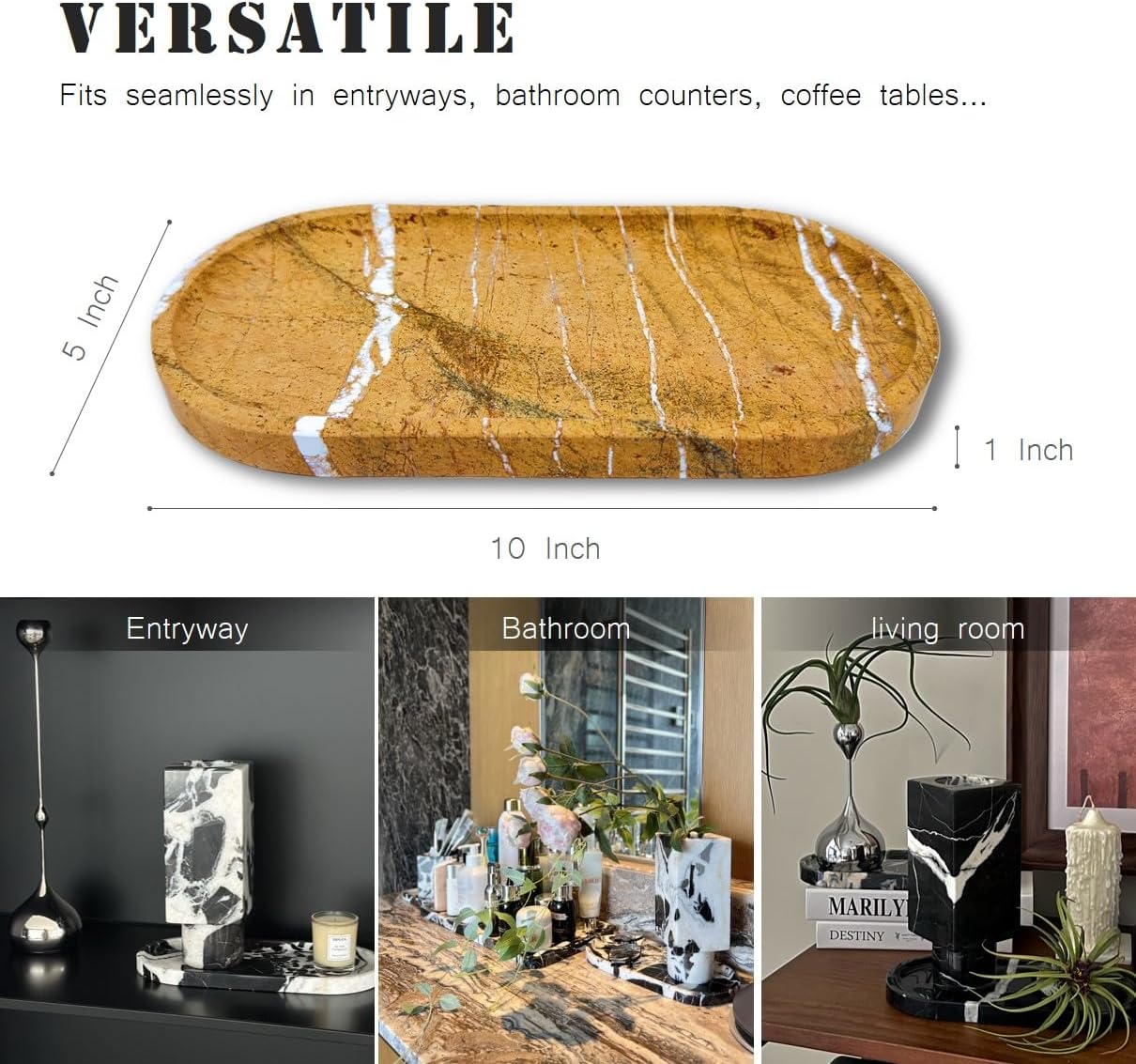 JINGJU Brown Rainforest Marble Oval Tray 10x5inches, Natural Stone Decorative Tray for Jewelry, Candle, Bathroom Counter, Coffee Table