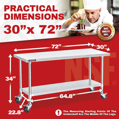 DuraSteel 30x72 NSF Stainless Steel Cart - Heavy Duty Food Prep Table with Undershelf - Rolling Kitchen Island on Wheels for Commercial Restaurant Kitchen, Garage, Outdoor Cooking, BBQ Grill, Counter