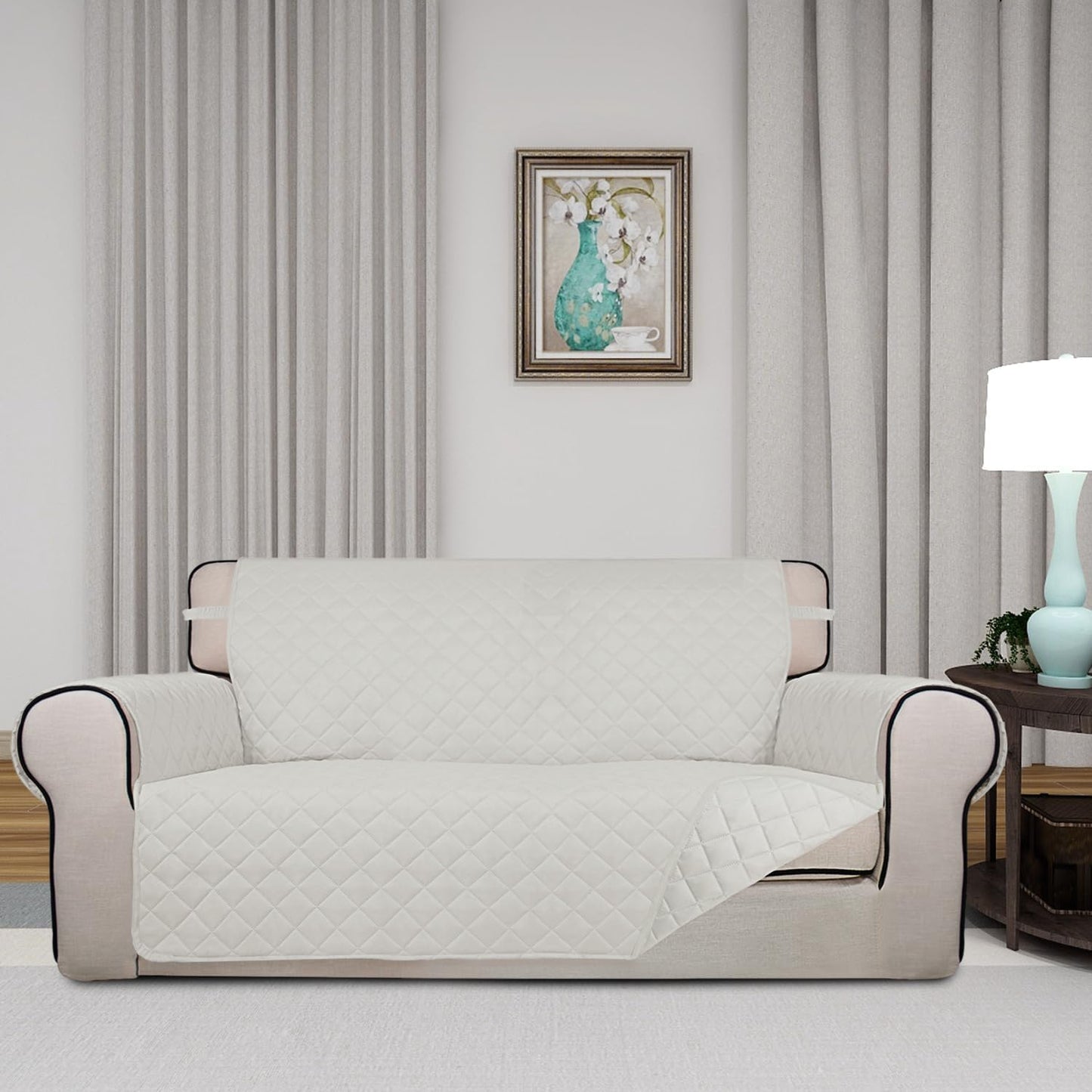 PureFit Reversible Quilted Sofa Cover, Water Resistant Slipcover Furniture Protector, Washable Couch Cover with Non Slip and Elastic Straps for Kids, Dogs, Pets (Oversized Loveseat, Ivory/Ivory)