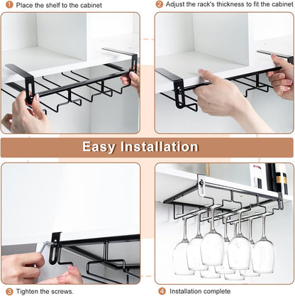 AUHOKY 2Pcs Adjustable Wine Glass Rack Under Cabinet, Punch-Free 3 Rows Stemware Metal Holder, Hanging Glass Storage Hanger Organizer for Shelf Kitchen Bar Decor (3 Rows, Black)