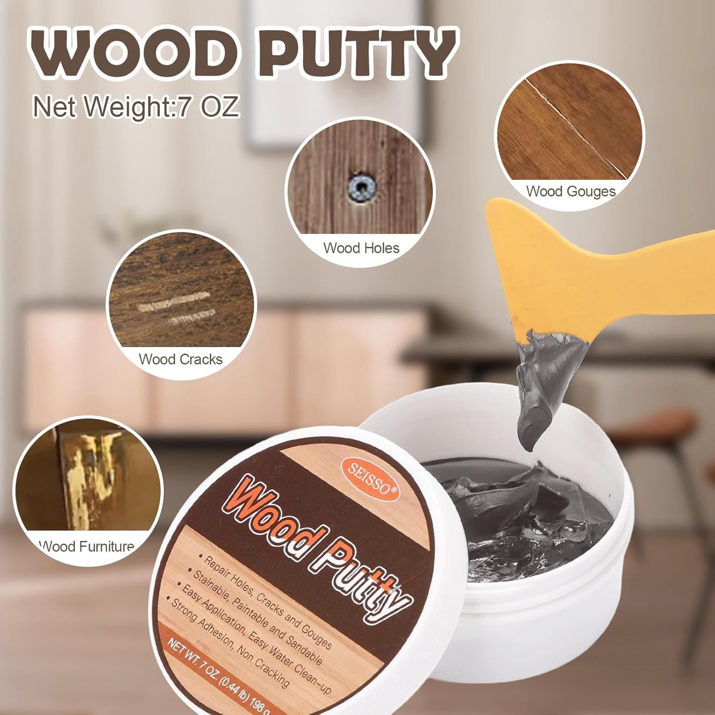 SEISSO Wood Putty, Gray Wood Filler Paintable, Wood Putty Outdoor Waterproof, Wood Repair Putty Stainable, Wood Furniture Repair kit - Restore Wooden Table, Cabinet, Floors, Door