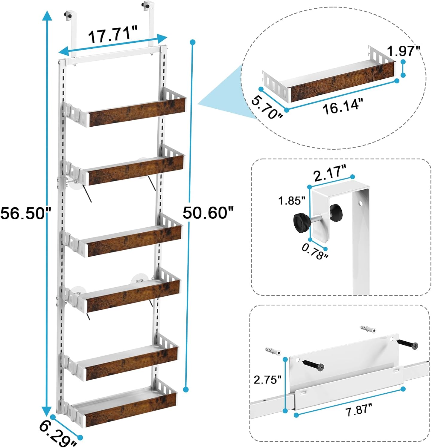bukfen Over the Door Pantry Organizer, 6-Tier Adjustable Wooden Basket Kitchen Pantry Door Organization and Storage, Heavy-Duty Metal Hanging Kitchen Spice Rack,D6.3 x W17.71 x H50.60 inch,White