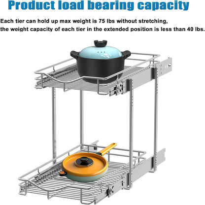 DINDON 2 Tier Pull Out Cabinet Organizer (11"W X 21"D), Double Tier Wire Basket Slide Out Shelf Storage for Kitchen Base Cabinet Organization for Kitchen, Pantry, Bathroom, Chrome