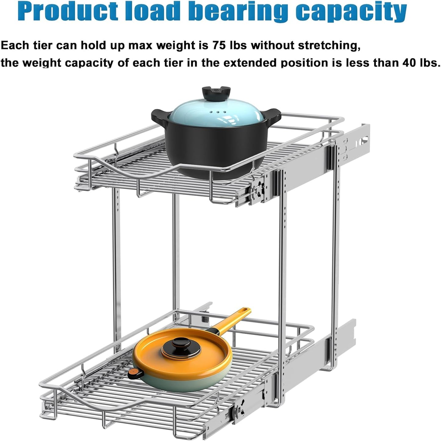 DINDON 2 Tier Pull Out Cabinet Organizer (11" W x 18" D) Heavy-Duty Metal Sliding Drawer Shelf, Two Tier Pull Out Shelves for Kitchen Cabinets, Pantry, Bathroom, Chrome Finish