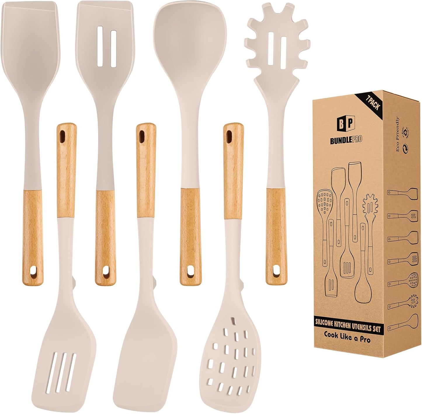 Silicone Kitchen Utensil Set for Non Stick Cookware, 7 Pcs Heat Resistant Cooking Utensils with Wooden Handle, BPA Free Kitchen Tools with Spatulas, Spoons, Skimmer and Pasta Fork (KHAKI)