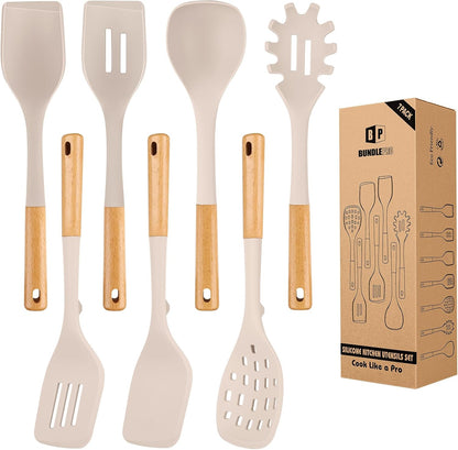 Silicone Kitchen Utensil Set for Non Stick Cookware, 7 Pcs Heat Resistant Cooking Utensils with Wooden Handle, BPA Free Kitchen Tools with Spatulas, Spoons, Skimmer and Pasta Fork (KHAKI)