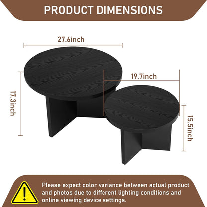 Round Nesting Coffee Tables Set of 2, Modern Stacking Table with Wood Grain Finish, End Table Side Tables for Living Room (Black)