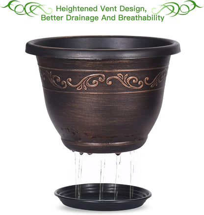 Plastic-Plant-Flower-Planters-12 Inch with Drainage Hole & Saucer, 3 Packs Lightweight Small Resin Flower Pot Indoor Outdoor, Retro Antique Imitation Decorative Garden Containers Sets for Houseplants