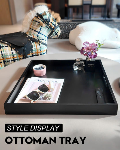 22 Inches Square Wood Ottoman Tray Black, Extra Large Wooden Serving Tray with Handles for Living Room, Serving Food Breakfast, Ottoman Coffee Table Couch Sofa Kitchen