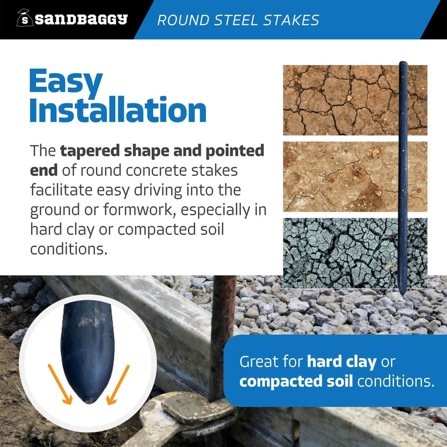 Sandbaggy Round Steel Concrete Form Stakes with Nail Holes - Rust Resistant Coating - Removable, Reusable (400, 3/4 in X 18 in)