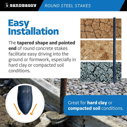 Sandbaggy Round Steel Concrete Form Stakes with Nail Holes - Rust Resistant Coating - Removable, Reusable (50, 3/4 in X 18 in)