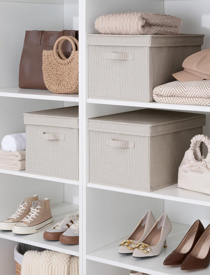 StorageWorks Storage Bins with Lids, Decorative Storage Boxes with Lid and Handles, Foldable Storage Baskets for Closet, Shelves, Stackable, Khaki Stripe, Jumbo, 3-Pack