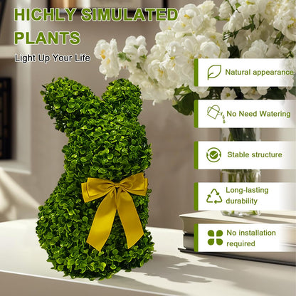 2 Pcs Artificial Bunny Shaped Topiary Trees, Artificial Green Boxwood Bunny Decorations with Gold Bow, Perfect for Indoor & Outdoor Front Porch, Easter& Garden Decor (Bunny Tree Without Base)