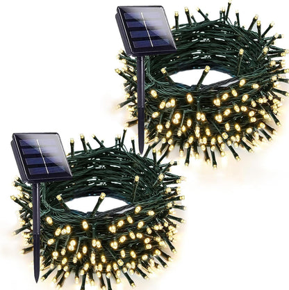 Warm White Solar Christmas Lights Outdoor Decorations Waterproof, Tatal 2 Pack 200LED 66FT Solar String Lights Green Wire with 8 Modes, Christmas Fairy Light for Xmas Tree Party Wedding Garden Decor