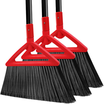Heavy Duty Angle Broom, 3 Pack Longer Commercial Brooms, Swipe Brooms for Sweeping Indoor Outdoor, Perfect Red Broom of Kitchen, Garage, House, Restaurant