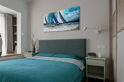 Arjun Blue Abstract Wall Art Canvas Teal Ocean Sailboat Picture Modern Turquoise Coastal Nautical Painting Large 48"x24" Framed Textured Artwork for Living Room Bedroom Bathroom Home Office Wall Decor