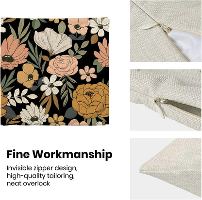 CXMEIFLY Spring Floral Pillow Covers 16 x 16 Inch Set of 2 for Vintage Pink Mustard Yellow Cream Flowers Decor Throw Pillows Plant Black Outdoor Decorative Cushion Cases for Couch Bed Decorations