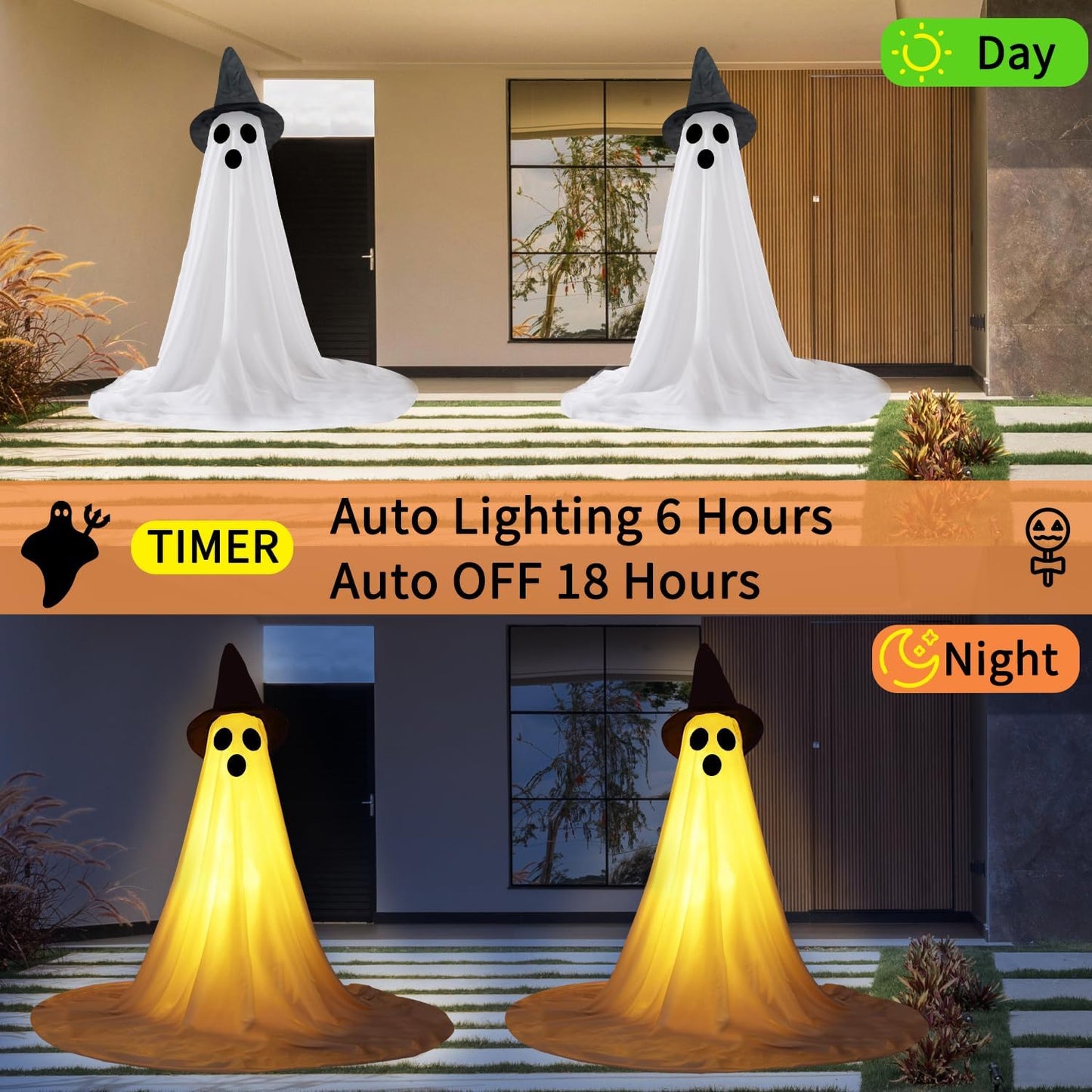 2 Packs Halloween Ghost Outdoor Decorations, 59” Light Up Ghost Decor with Remote Control, Adjustable Height Standing Halloween Lighted Ghost Kit with Witch Hat Ideal for Porch, Garden, Yard