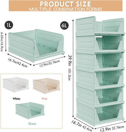 6 Pack Stackable Closet Storage Basket - Stackable Storage Bins, Multifunctional & Foldable Closet Organizer, Wardrobe Cupboard Space-Saving Hat Storage Drawer Organizer, Green
