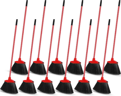 12 Pcs Heavy Duty Commercial Angle Broom 53 Inch Long Handle for Sweeping Indoor Outdoor - Garage, Courtyard, Patio, Lobby, Mall, Market, Shop, Sidewalk Floor (Red)
